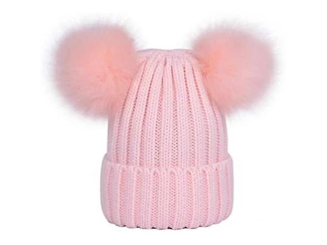 Boné De Lã Com Pompons Duplos De Pelo Falso Inverno Mulher Moda Coreana Elástico Pacote 2 Unidades Rosa