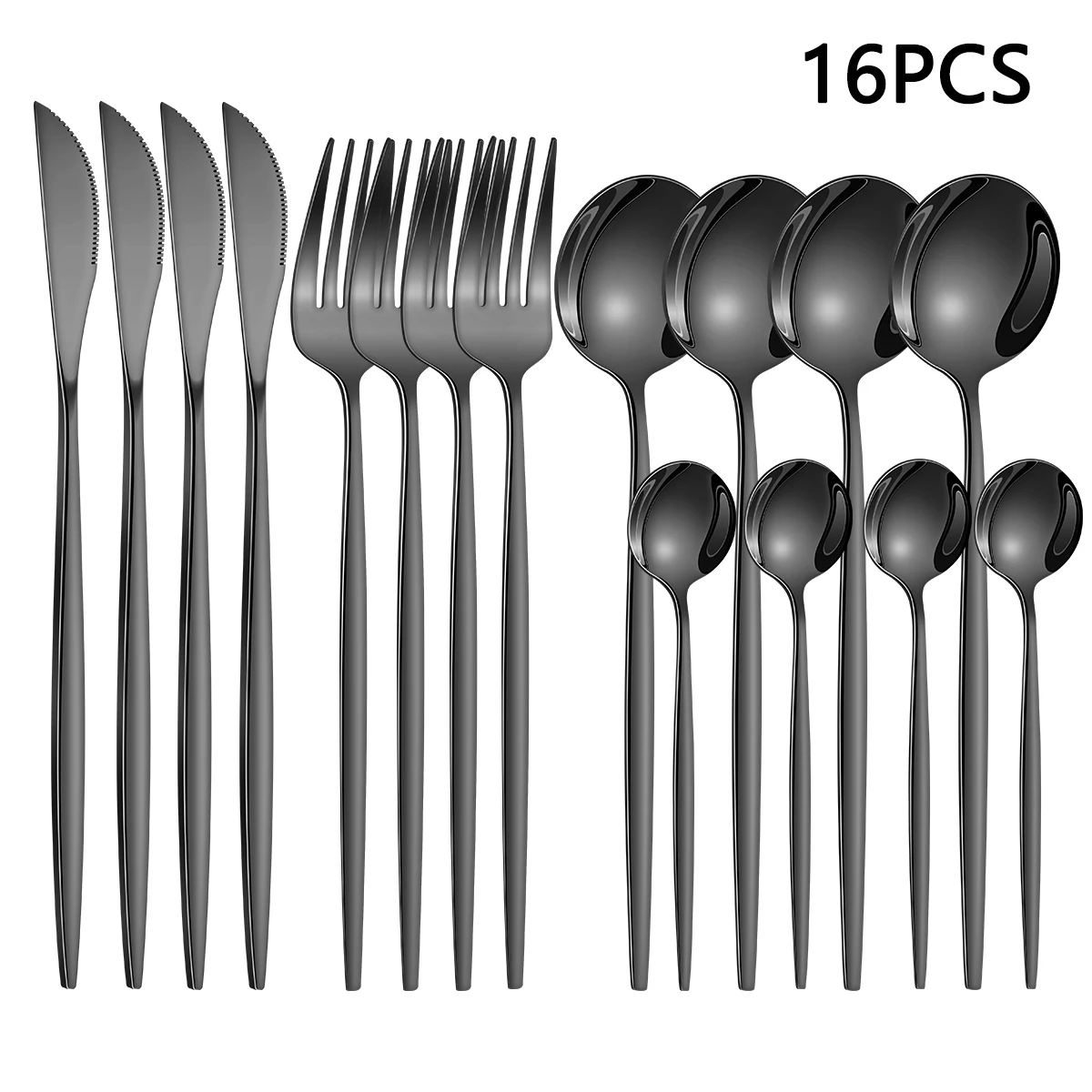 Juego De Cubiertos De Acero Inoxidable (16 Piezas, Color Negro), Que Incluye Cuchillo Para Carne, Tenedor Y Cuchara De Estilo Occidental.