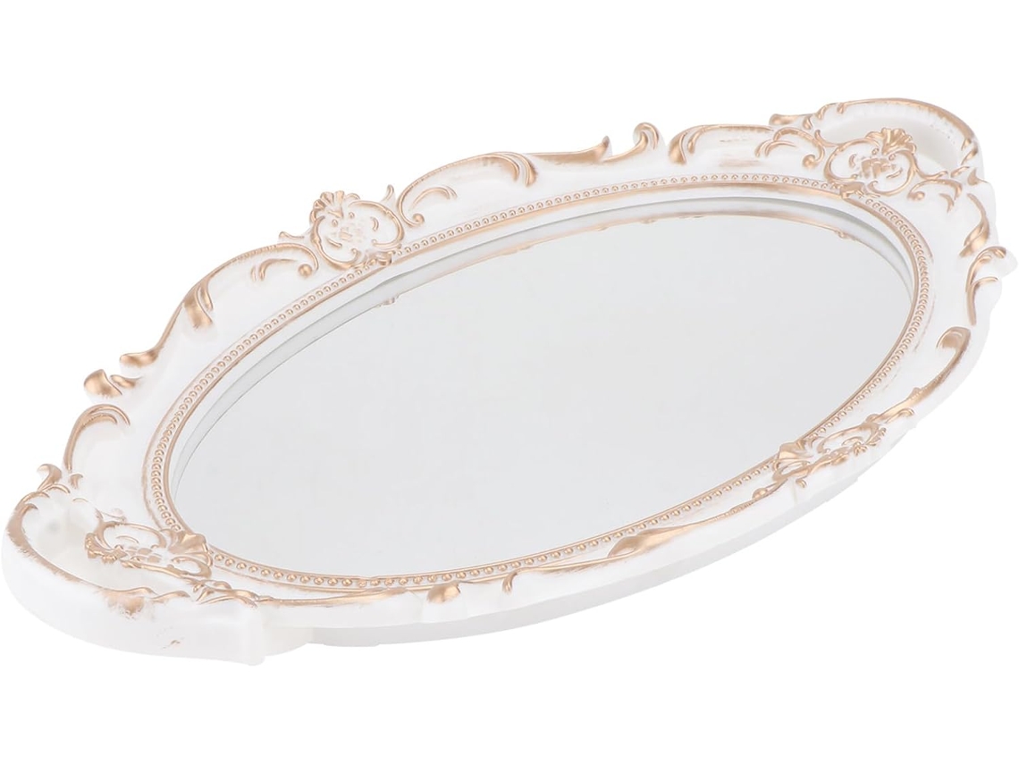 Bandeja Decorativa Ovalada Estilo Barroco Espejo Fabricada Plástico Blanco Elegante Organizador Joyas Guardar