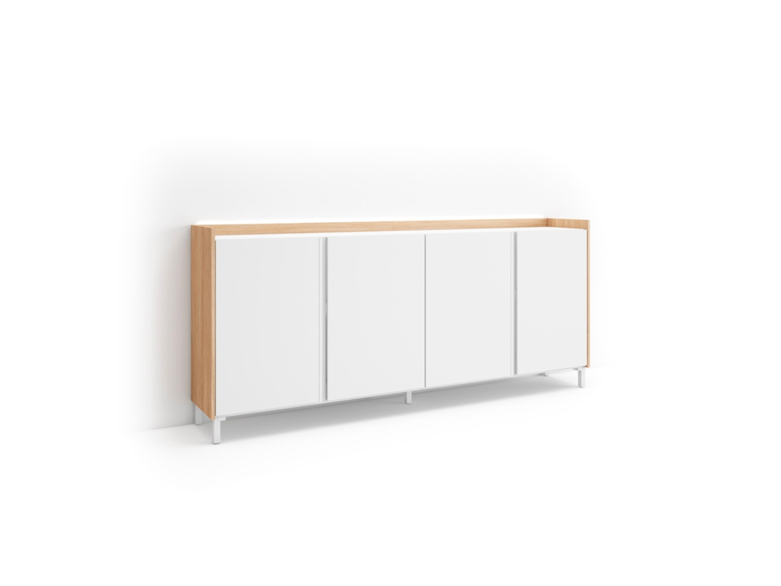 Aparador de comedor, 207x35x91cm, 4 puertas, diseño industrial, LED, blanco y roble claro.