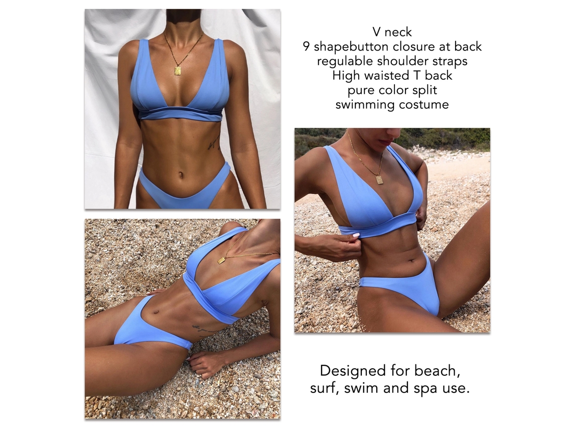 Traje de baño azul de rayas con escote en V, talle alto y ajustable, estilo playero, talla XL