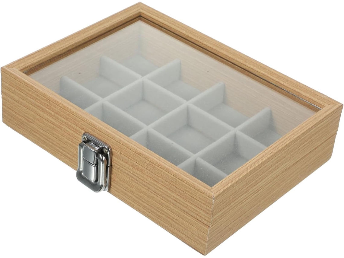 Organizador De Joyas De Madera Con 12 Compartimentos Y Tapa De Cristal Transparente, Caja Portátil.