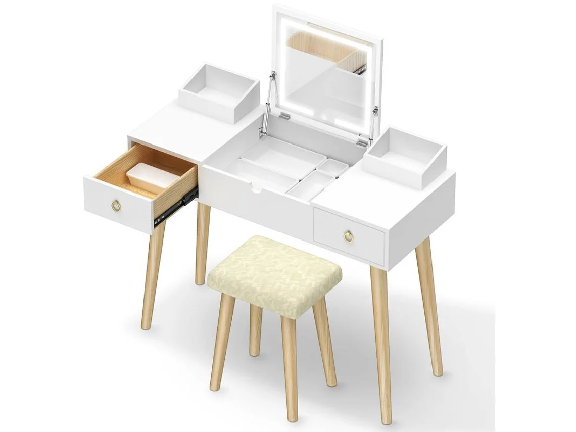 Tocador de dormitorio RACINGREAT con espejo y luz LED, 3 modos de iluminación ajustables (MDF blanco, 100 x 116 x 41 cm)