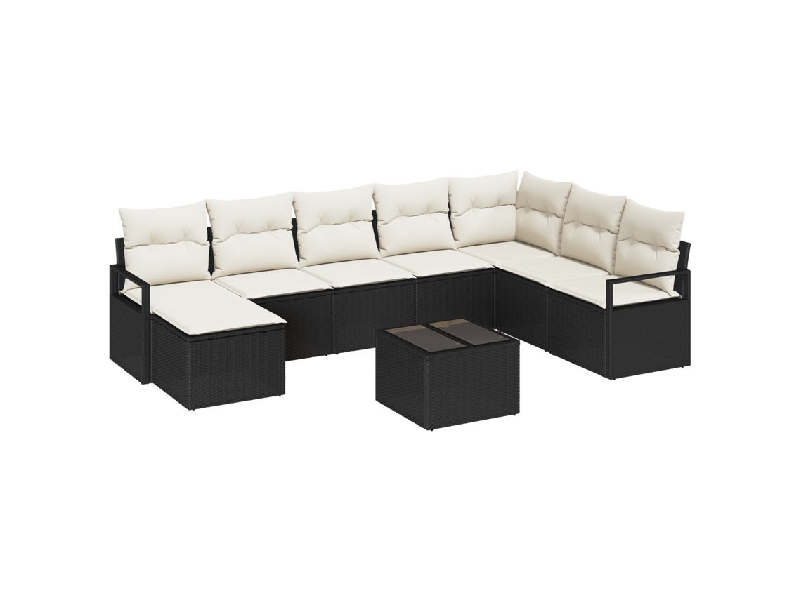 Conjunto 8 De Sofá De Jardín De Vidaxl Con Cojines En Ratán Poliéster Negro Y Crema Negro Poliratán