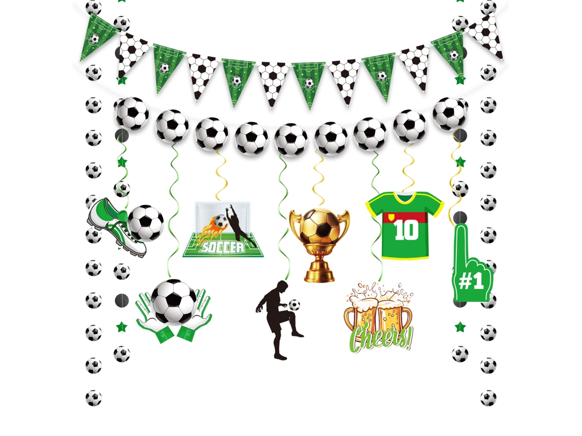 Pack Decoración Fiesta Fútbol Completo, Banderines Triangulares, Tiras Y Espirales Colgantes, Montaje Fácil Para Bares Y Cumpleaños Deportivos.
