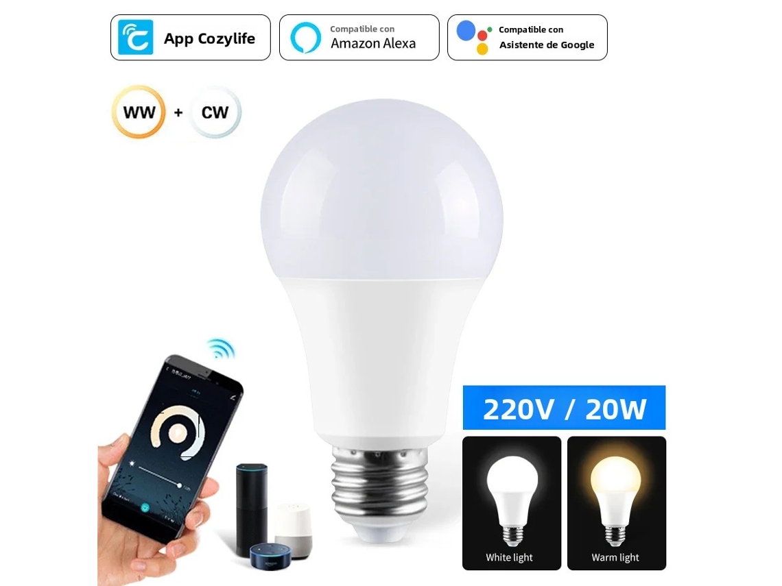 Bombilla LED inteligente con wifi, casquillo E27, control remoto mediante app y comandos de voz. Mdug (220 V, 20 W)