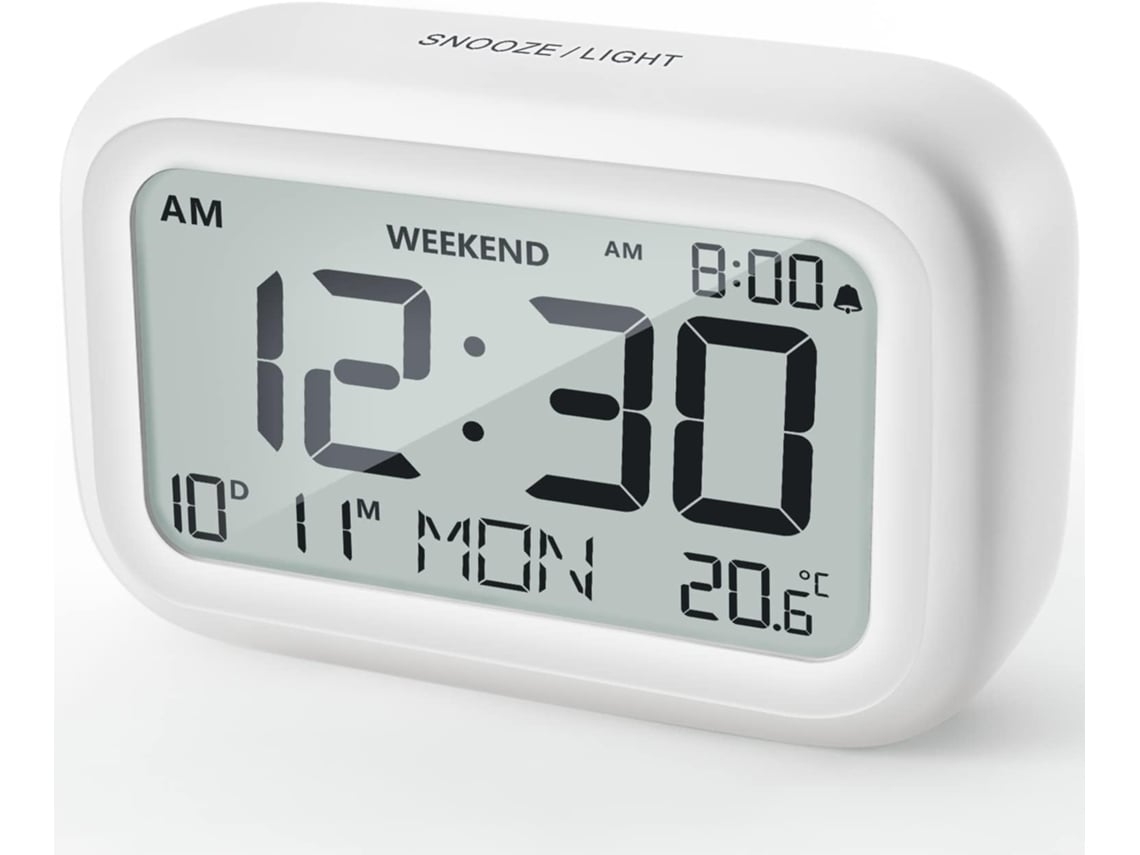 Reloj Despertador Digital Lcd Saisiyiky Des06 Alarma Con Volumen Ajustable, Modo Fin De Semana, Bloqueo De Viaje, A Pilas (blanco)