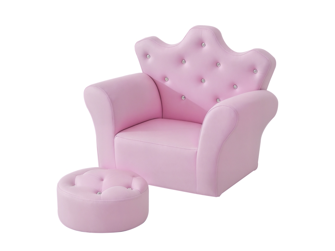 Sofá Infantil Con Reposapiés, Respaldo Alto, Forma De Corona, Brazos Acolchados, 58x40,5x49 Cm, Rosa.