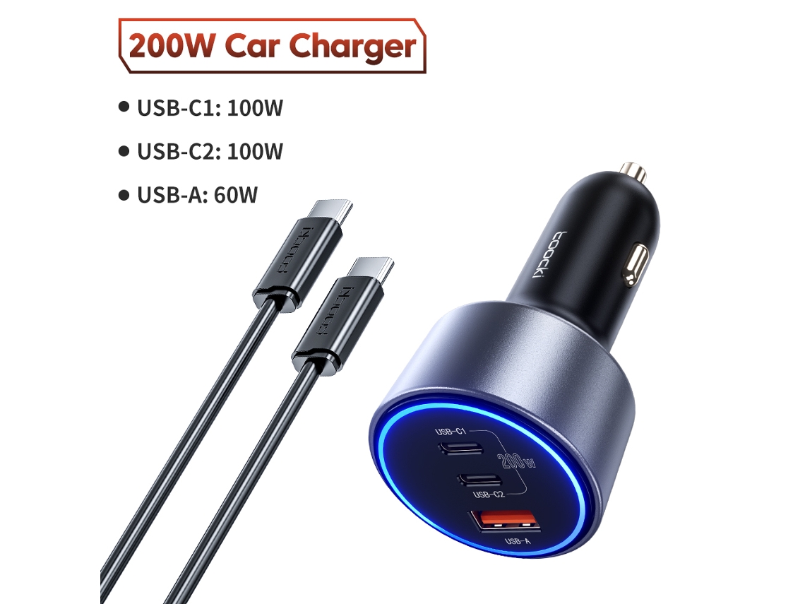 Cargador de coche de 200 W, carga rápida PD3.0 PPS, tipo C, para iPhone 15/14 Pro/Samsung S23/MacBook