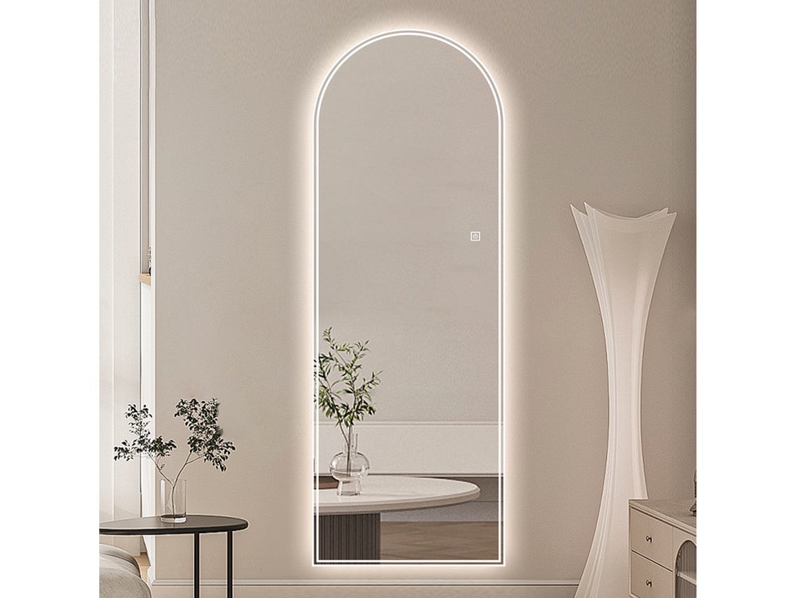 Espejo arqueado de cuerpo entero que mide 165 x 50 cm, con luz LED, intensidad ajustable e iluminación de tres colores.