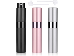 3 Atomizadores Perfume Viaje 10ml Recargables, Negro Rosa Plata