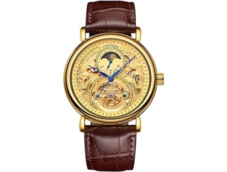 VEANXIN Relojes de pulsera automáticos de cuero y acero inoxidable con esqueleto-oro marrón