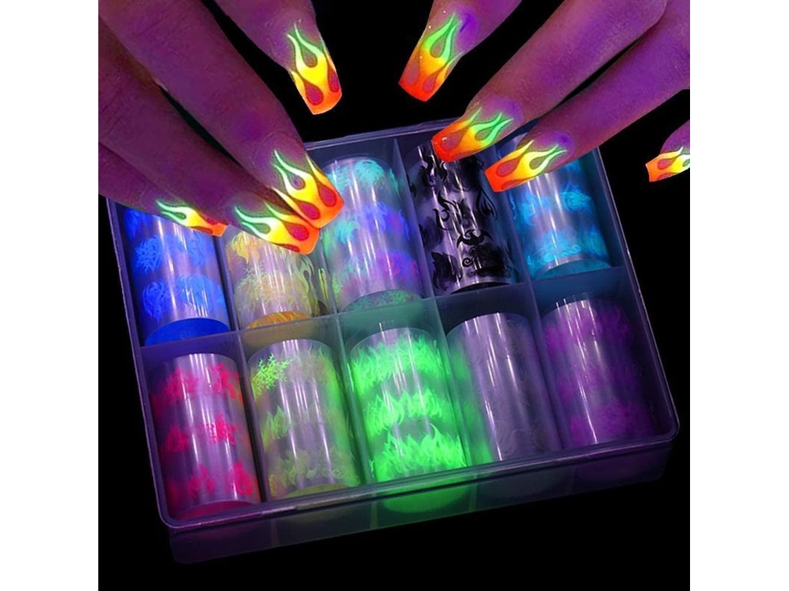10 Rollos De Pegatinas Luminosas De Fuego Para Uñas, Calcomanías Fluorescentes Para Decoración De Uñas.