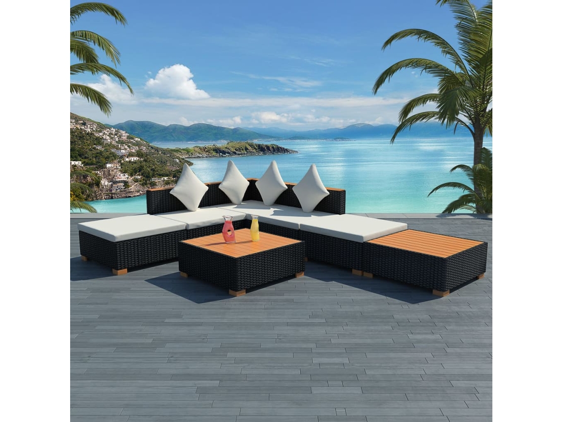 Conjunto de jardín DKD Home Decor de 7 piezas con cojines de mimbre negros
