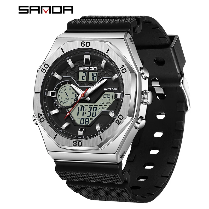 Reloj Digital Para Hombre (plateado), Doble Pantalla, Tres Zonas Horarias, Resistente Al Agua Y A Los Golpes. Reloj Deportivo.