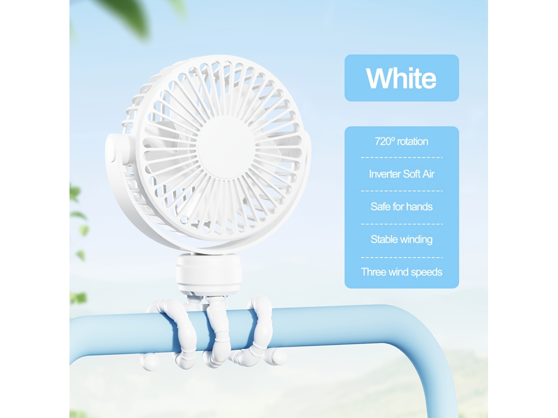Ventilador Ligero Que Cabe Perfectamente En Un Cochecito. Incluye Un Clip, Funciona Con Pilas Y Tiene Una Pantalla Facial Desmontable, Lo Qu