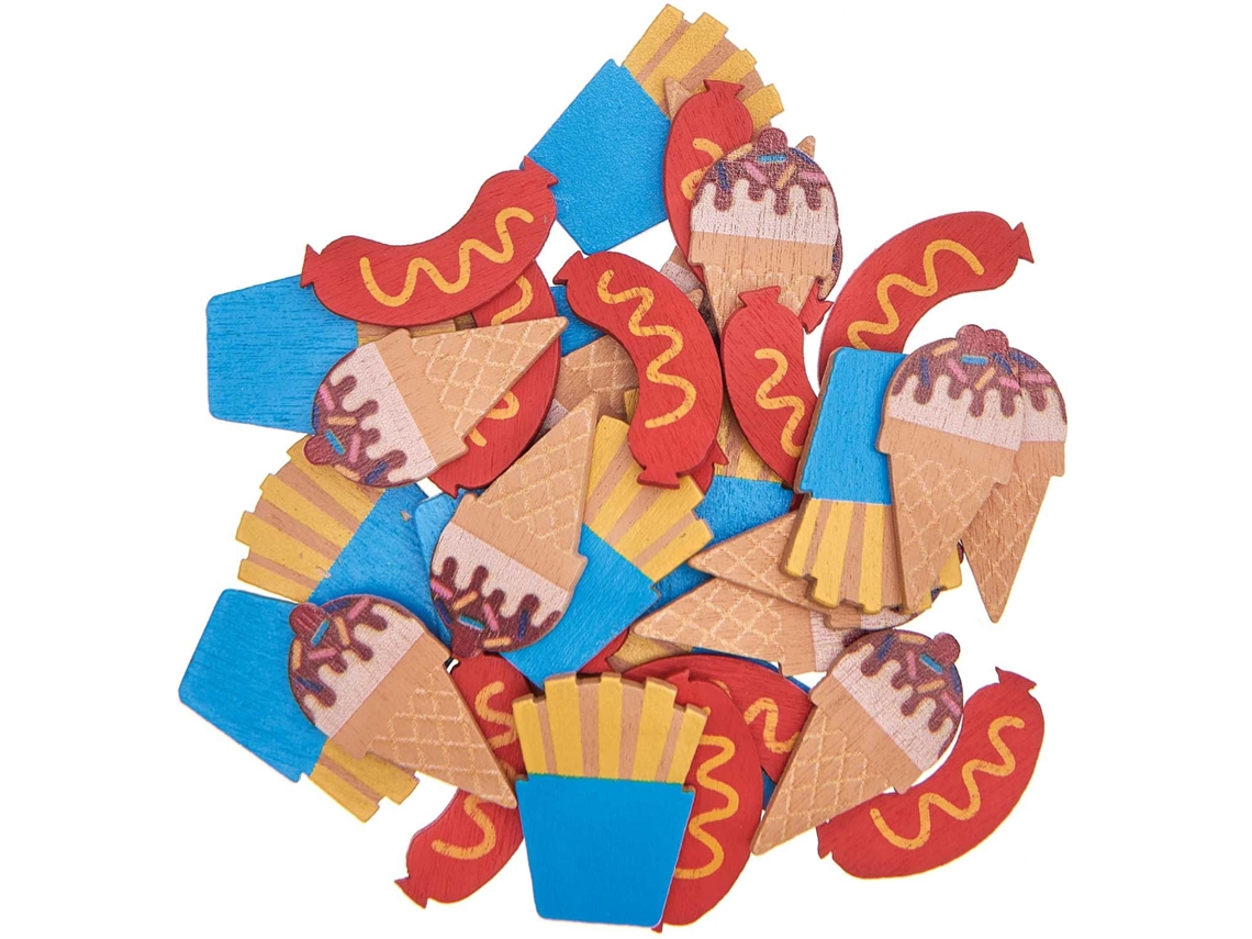36 Confetti - perrito caliente, patatas fritas, helado - madera