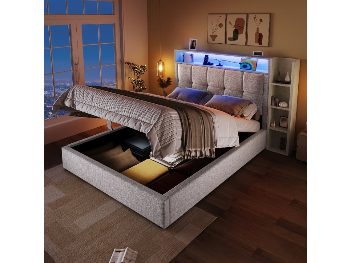 Cama Tapizada 90x200 Cm - Con Función De Carga Usb Tipo-c, Almacenamiento Multifuncional, Iluminación Led, Sin Colchón - Beige