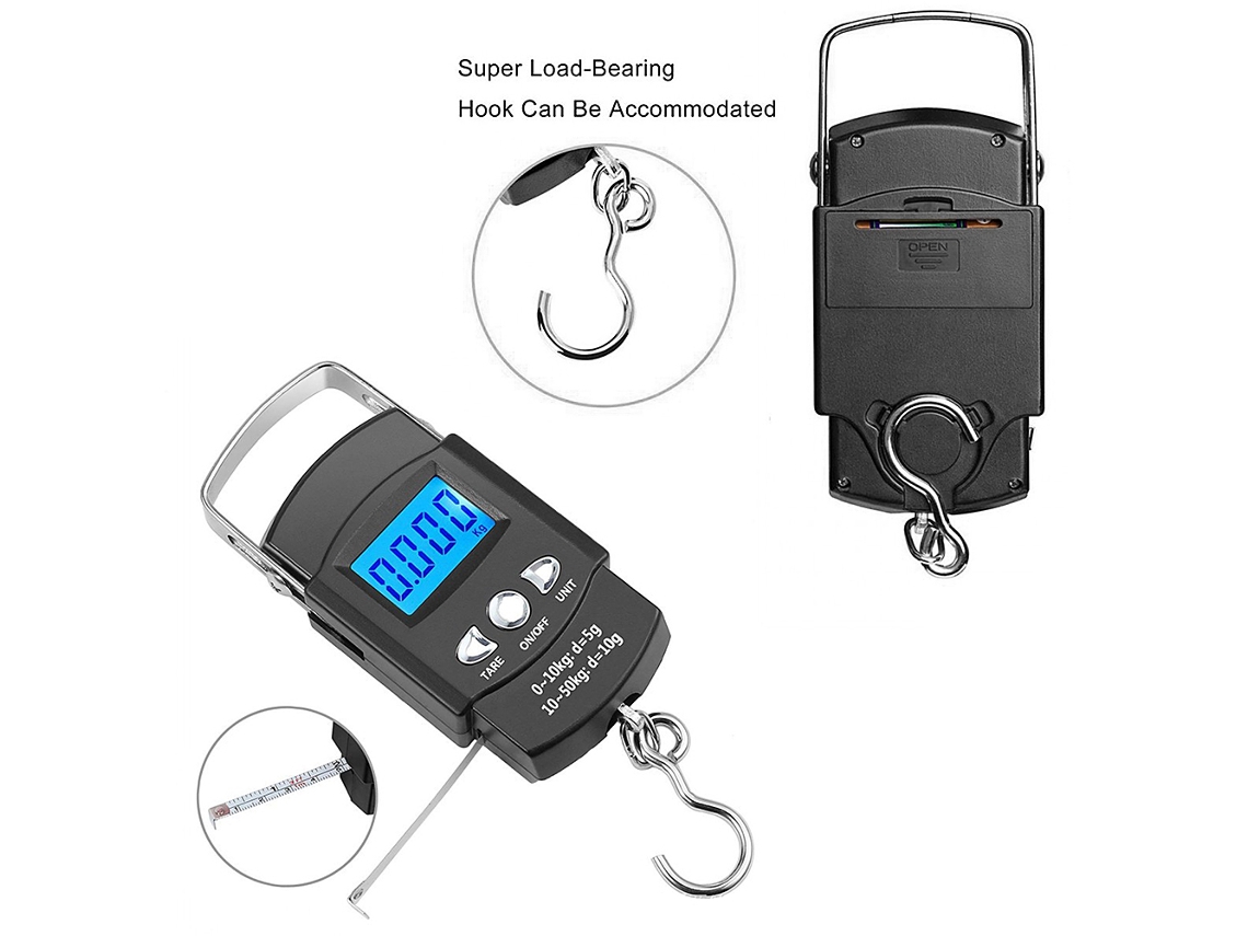 Kit de pesca: báscula digital, pinzas, alicates y extractor de anzuelos.
