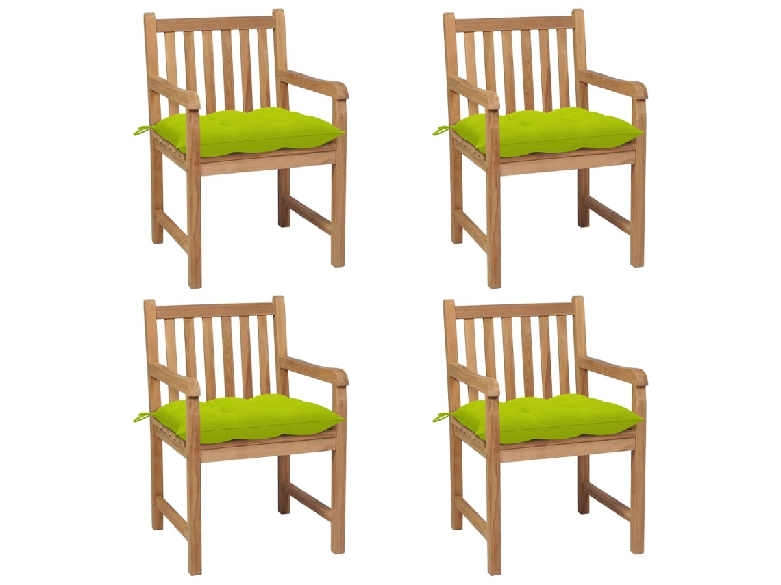 Sillas de jardín con cojines en verde brillante, 4 piezas, teca maciza, DKD Home Decor