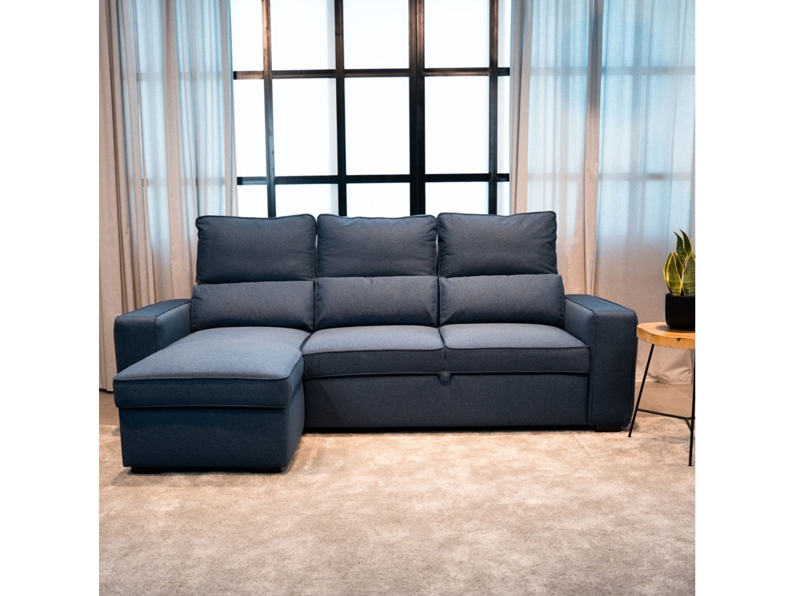 Sofá Cama 3 Plazas BUDWING Harper Azul + Chaise Longue + Almacenamiento Integrado (248,5 x 117 x 90 cm - Reversible Lado Derecho/Izquierdo)