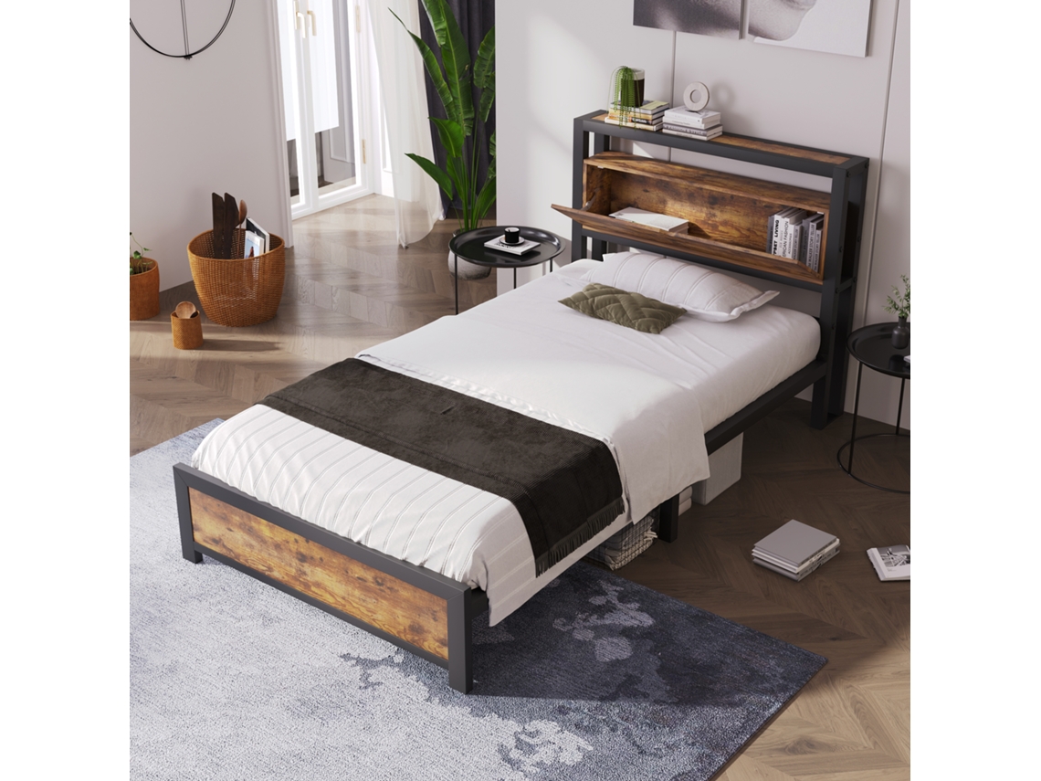 Cama Metálica De 90x200 Cm Con Cabecero Industrial Negro Y Espacio De Almacenamiento.