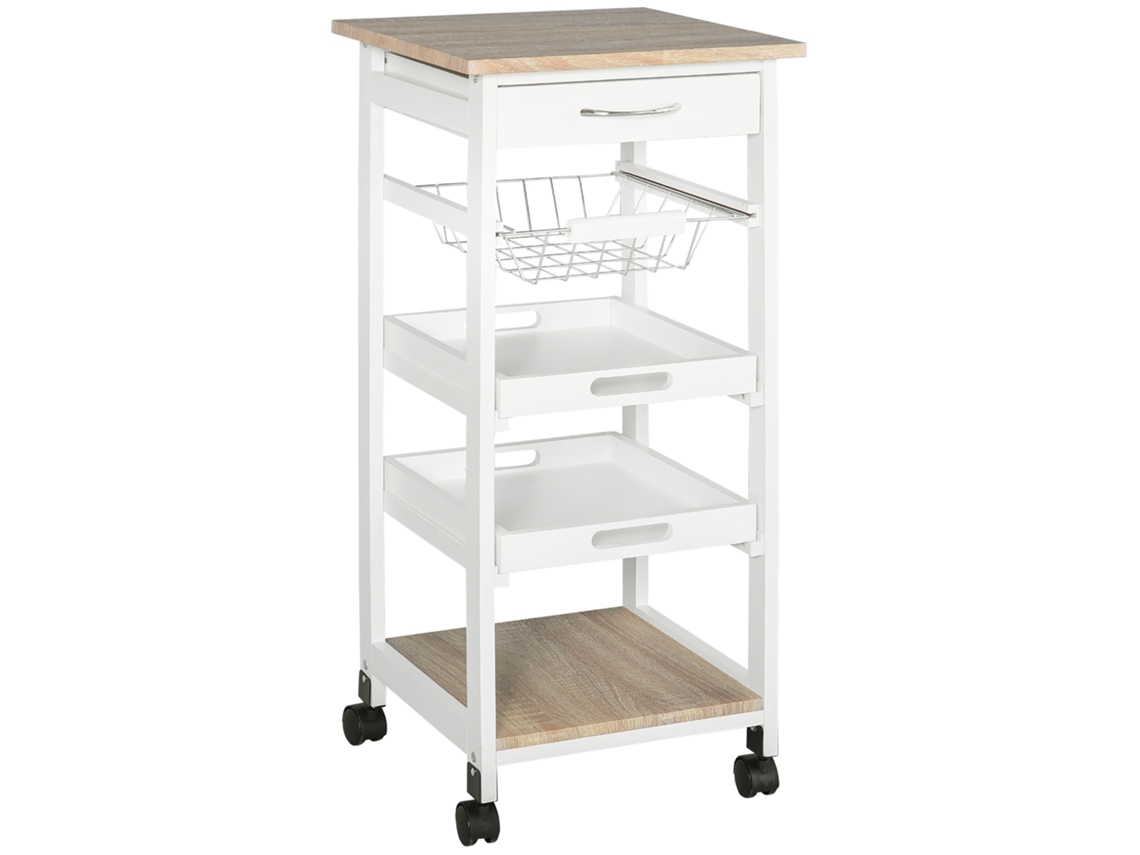 Carrito Cocina Ruedas Bandeja Extraíble Cajón Mdf Roble Claro Pino Blanco