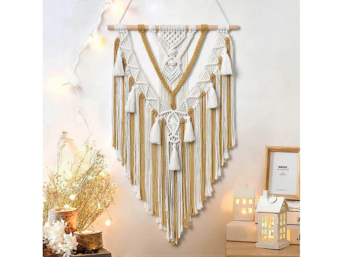 Rebe-colgante Geométrico Bohemio Tejido A Mano Beige Y Gris Algodón Con Fringe Para Dormitorio Sala Apartamento Niñera