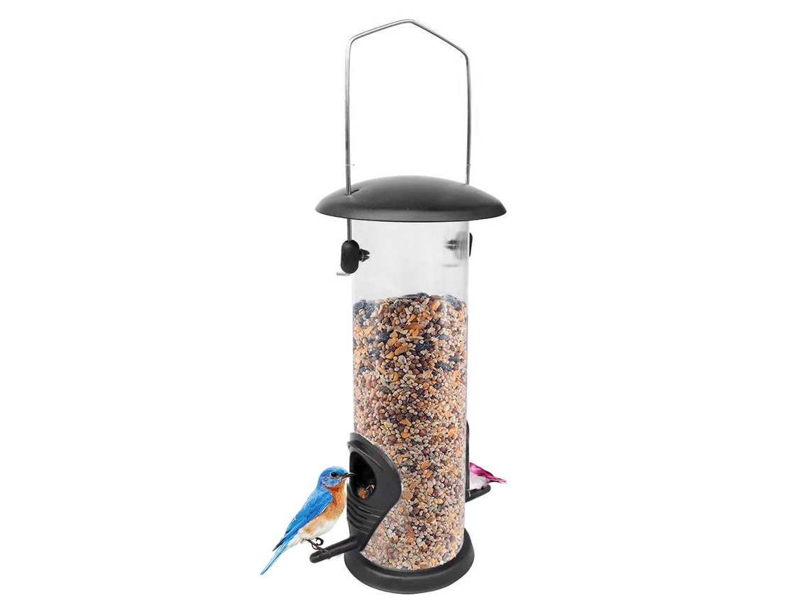 Recipiente para comida de aves silvestres, tapa de hierro, base de PVC.