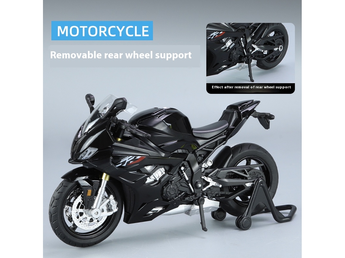 Miniatura de motocicleta BMW RR S1000 a escala 1/12 de Mdug (negra)