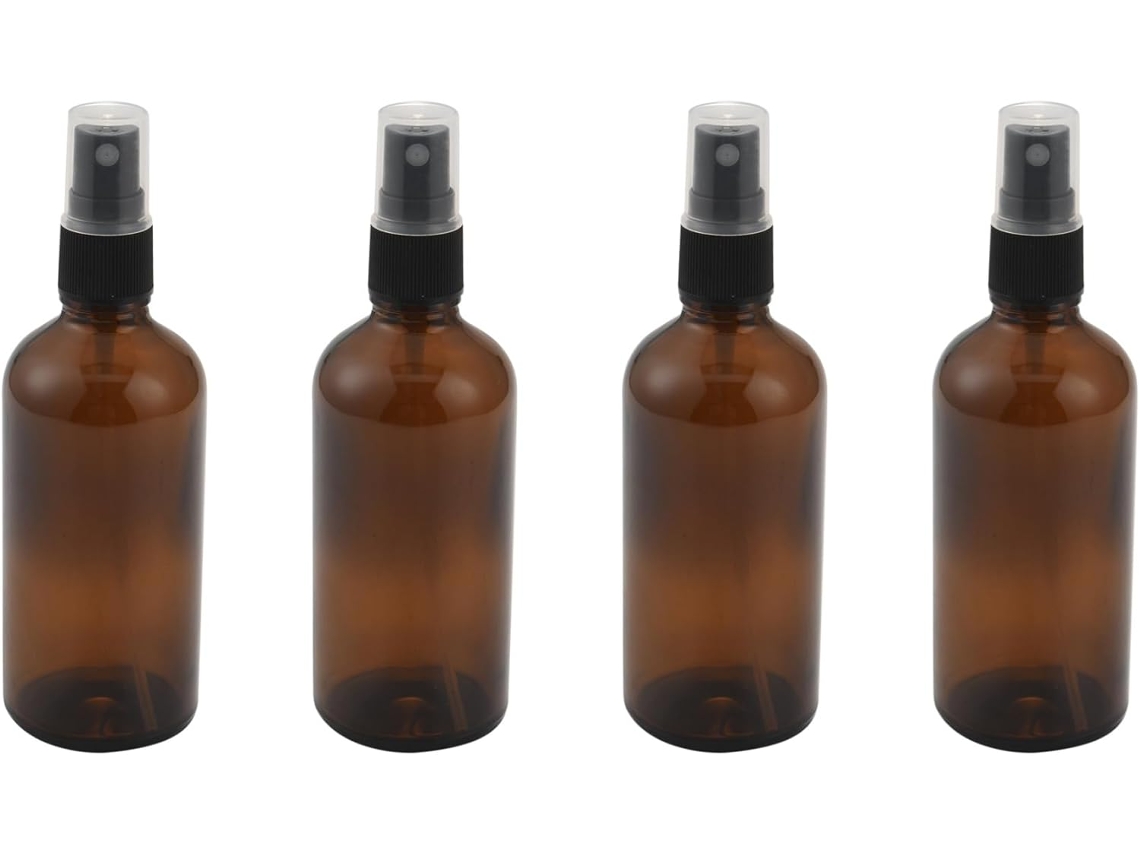 4 Botellas De Vidrio Ámbar De 100 Ml Con Atomizadores Negros, Envase Reutilizable.