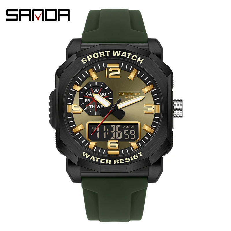 (verde Militar) Reloj Digital Deportivo Para Exteriores – Doble Huso Horario, Cronómetro, Función Luminosa, Resistente Al Agua
