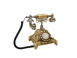 Teléfono vintage con dial giratorio y cable, con acento decorativo.