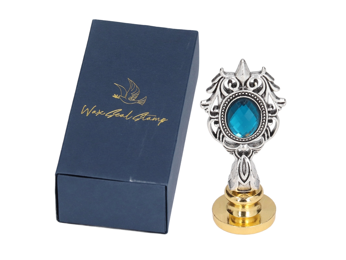 Sello de lacre premium con asa desmontable, transparente, aplicación versátil, estuche azul oscuro y asa azul lago.