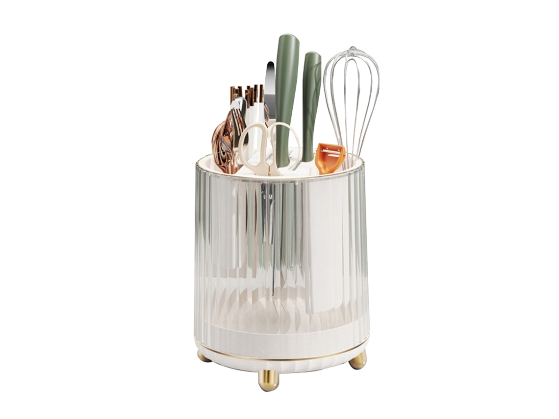 Soporte Giratorio Para Cuchillos Y Utensilios De Cocina Con Ranura Para Tijeras, Organizador Multifuncional, Blanco.