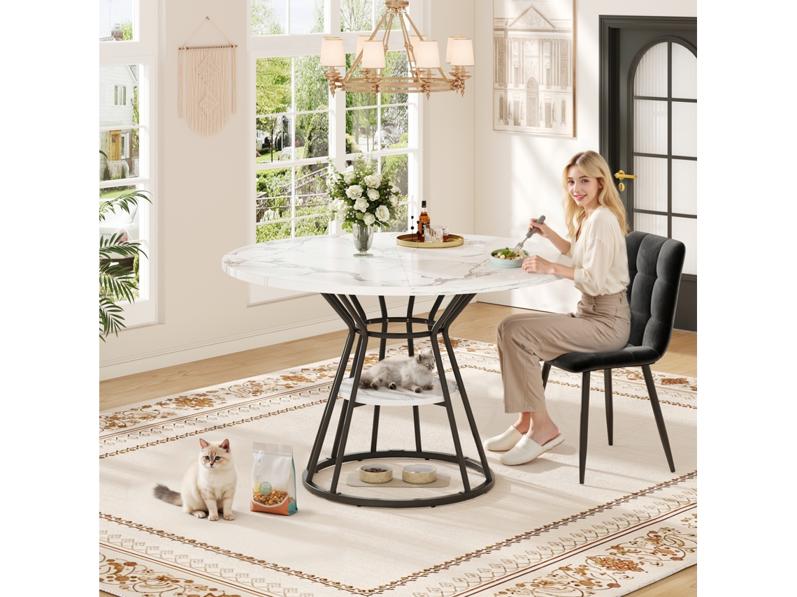 Mesa Comedor Redonda 100x100 Cm - Mesa De Cocina Con Patas Metálicas, Patrón Mármol - Negro