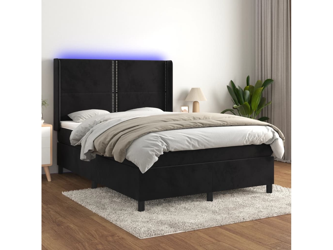 Cama box spring colchón y LED terciopelo negro 140x190 cm