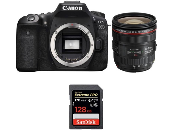 Kit Cámara Réflex CANON EOS 90D + EF 24-70mm f/4L IS USM + SanDisk 128GB