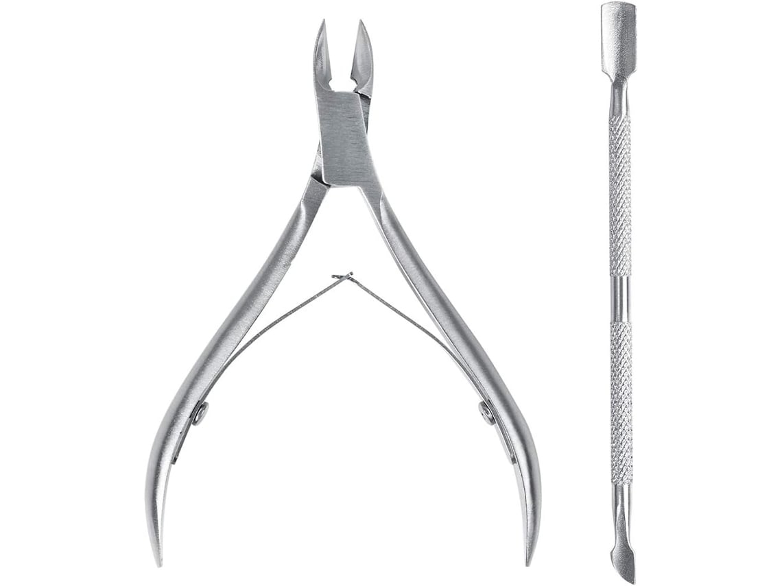 Dos juegos de herramientas de manicura de plata: pinzas para el estrato córneo y elevador para el estrato córneo.