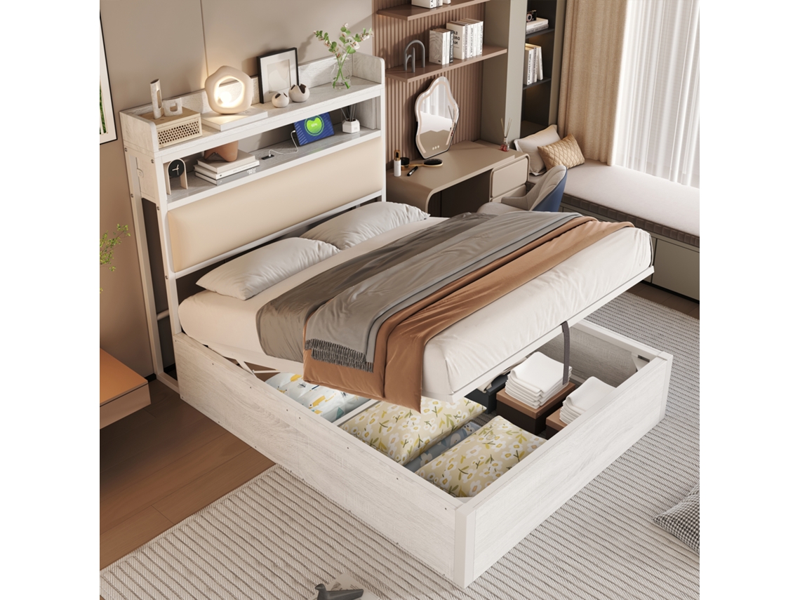 Cama Hidráulica De 90x200 Cm Con Cabecero Tapizado Y Espacio De Almacenamiento, Fabricada En Madera Y Metal, Color Blanco.