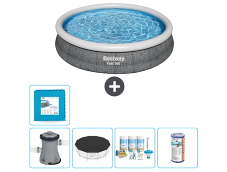 Piscina hinchable redonda Fast Set BESTWAY - Estampado ratán - 366 x 76 cm - Bomba incluida Cubrir - Paquete de mantenimiento - Filtrar - Baldosas