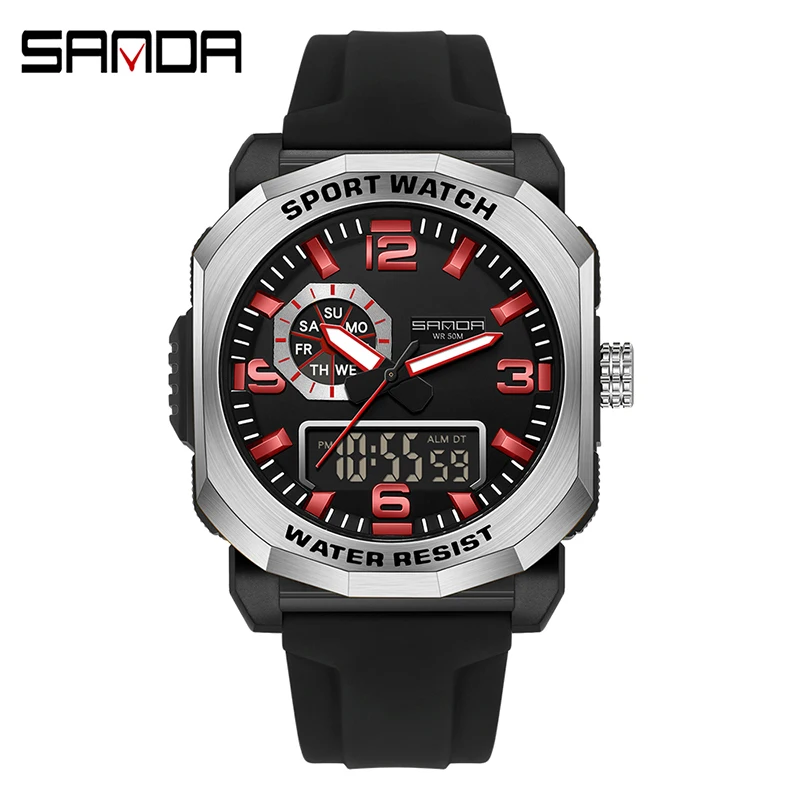 (rojo) Reloj Digital Deportivo Para Exteriores – Doble Huso Horario, Cronómetro, Función Luminosa, Resistente Al Agua