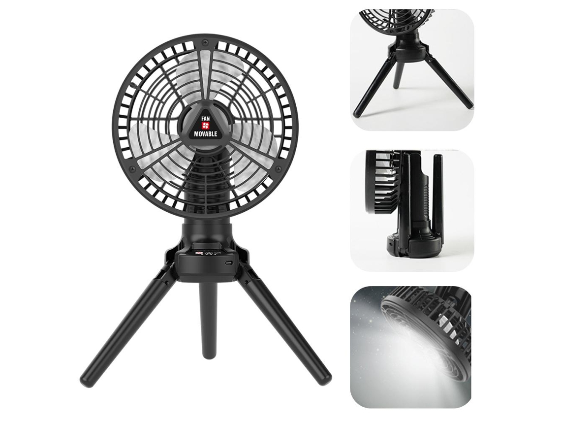 Ventilador portátil con trípode, luz y recargable por USB.