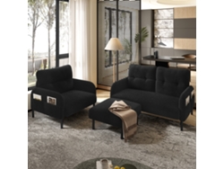 Conjunto de 3 piezas: sillón, puf y sofá de 2 plazas con bolsillo lateral, estructura de acero y respaldo extraflexible, color negro.