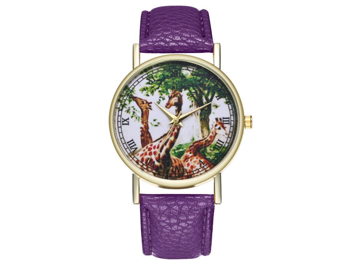 Reloj Analógico De Cuarzo Con Patrón De Jirafa Para Hombres Y Mujeres De Cuero Pu Moda Casual (morado)