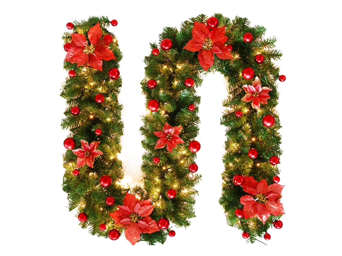 Corona navideña roja con decoraciones LED, 2,7 m