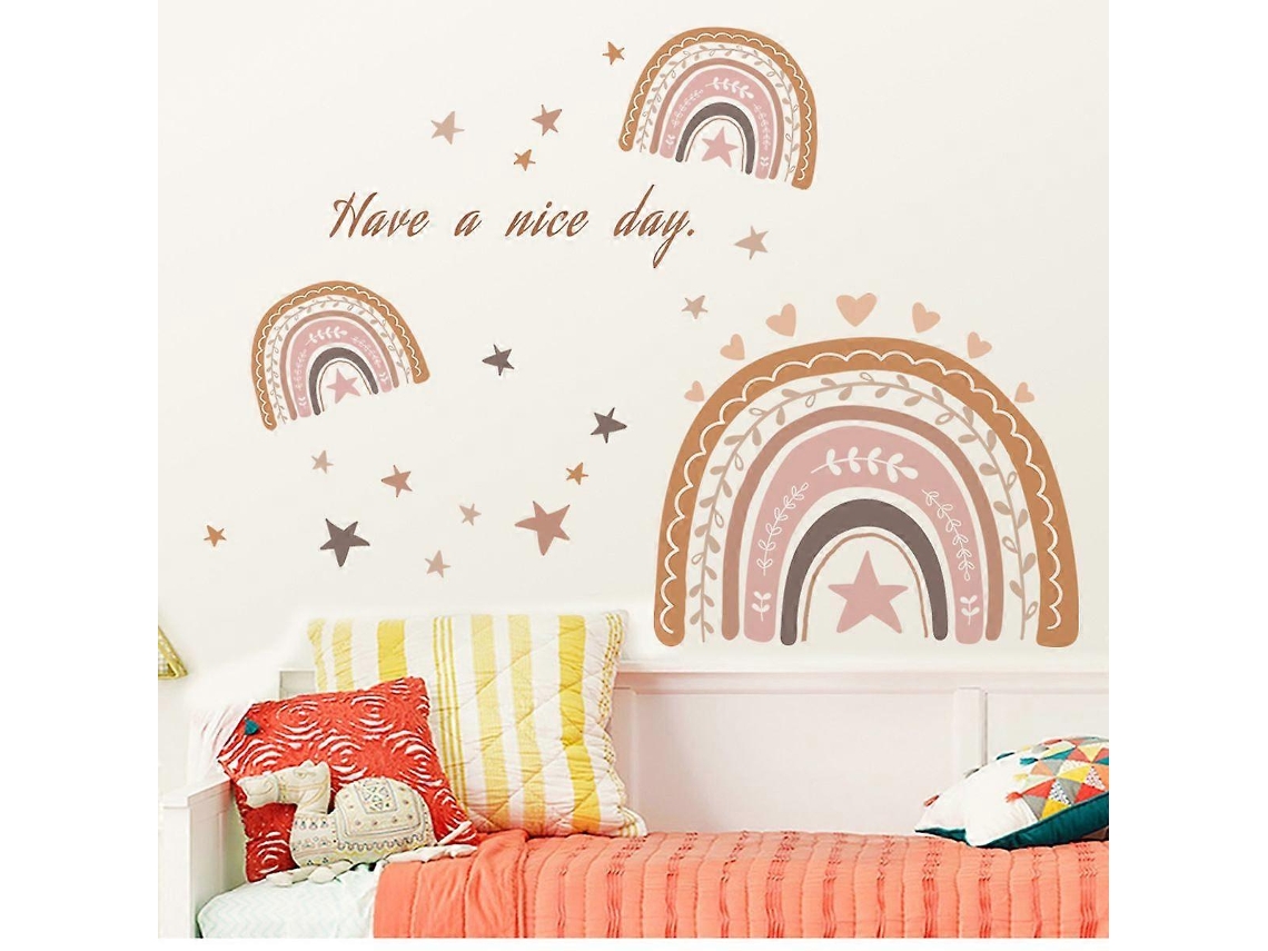 Pegatinas de pared con forma de arcoíris, corazón bohemio y niña arcoíris, decoración boho para habitación infantil, guardería y sala de estar.