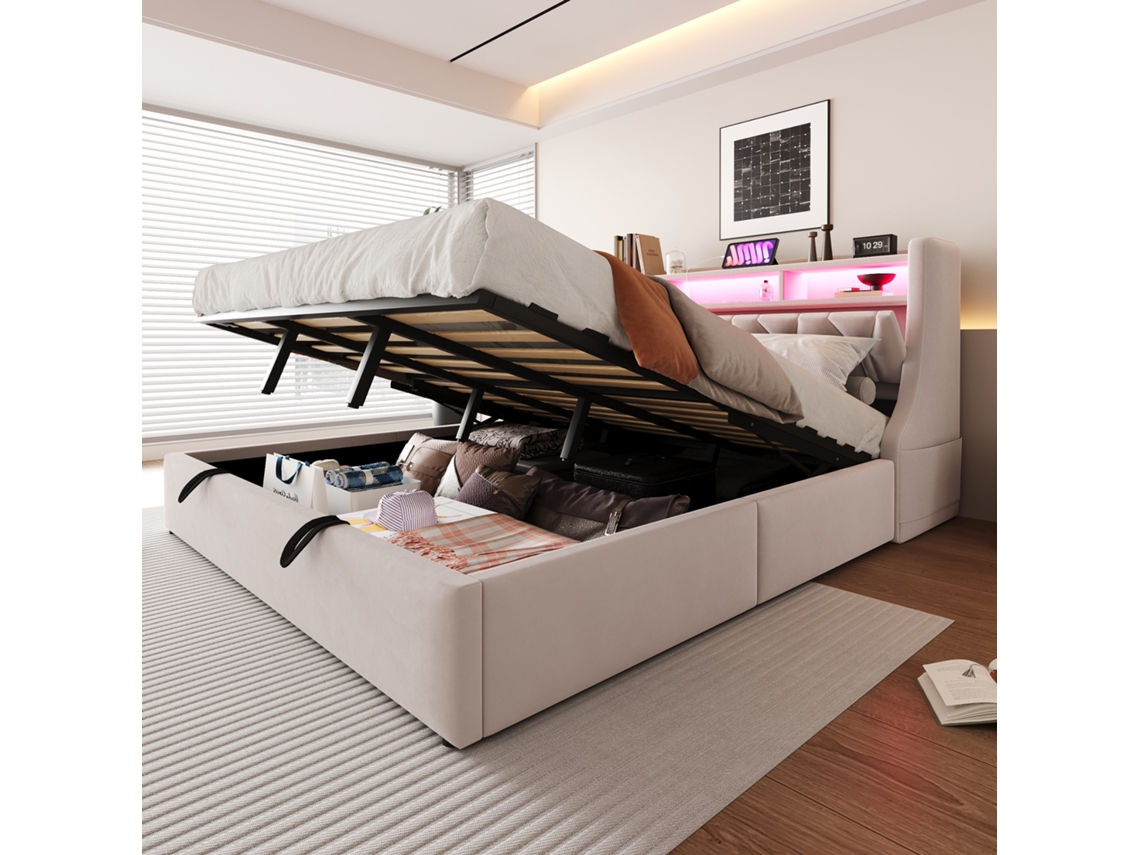 Cama De Terciopelo Beige De 180x200 Cm Con Cabecero Hidráulico Plegable Led Y Toma De Corriente.