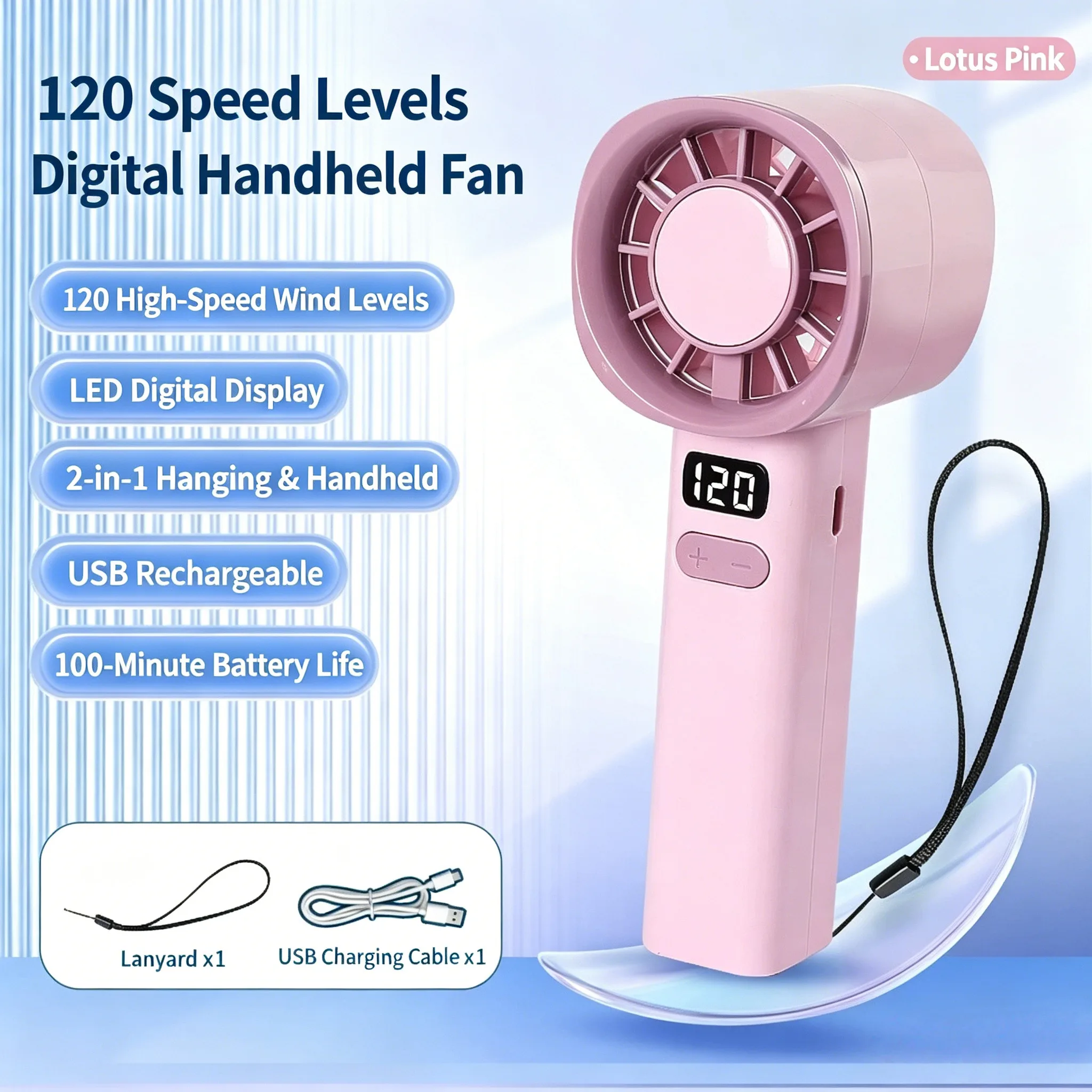 Mini ventilador portátil recargable MDUG con pantalla LCD (rosa)