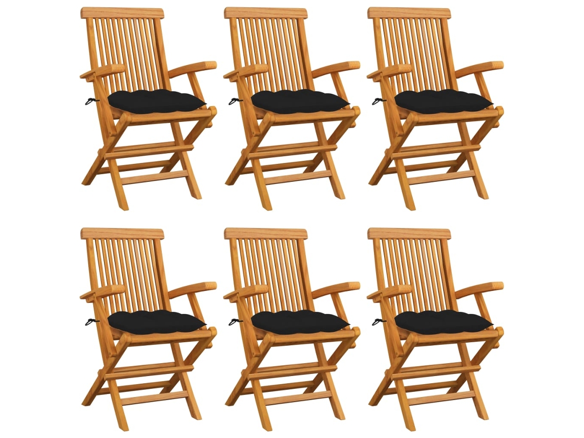 Sillas de jardín DKD Home Decor de 6 piezas con cojines negros, teca maciza